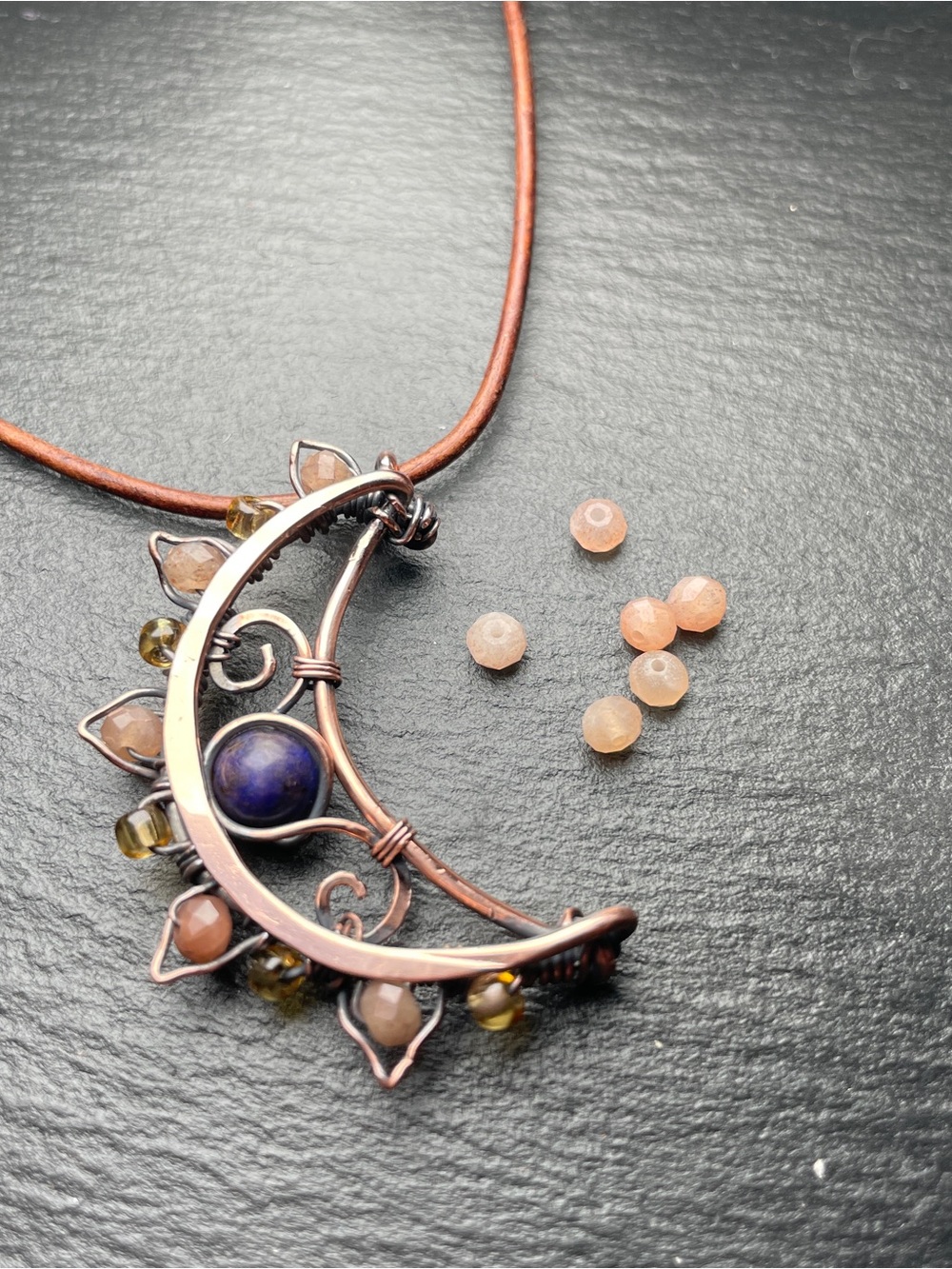 Moon in the Wild Handmade Crescent Necklace — Copper with Lapis And Sunstones - Picture 11 of 13